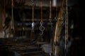 Blacksmith decorative elements hanging at forge, workshop. Royalty Free Stock Photo