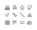 Blacksmith flat line icons set. Metal work sign - anvil, forge hammer, horseshoe, chain, forging furnace. Simple flat