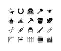Blacksmith flat line icons set. Metal work sign - anvil, forge hammer, horseshoe, chain, forging furnace. Simple flat