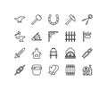 Blacksmith flat line icons set. Metal work sign - anvil, forge hammer, horseshoe, chain, forging furnace. Simple flat