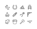 Blacksmith flat line icons set. Metal work sign - anvil, forge hammer, horseshoe, chain, forging furnace. Simple flat