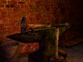 Blacksmith forge. 3D illustration of an anvil with hammer, sledgehammer and tongs in a forge with a blurred brick wall, bucket, le