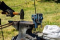 Blacksmith forging a horseshoe with hammer on anvil