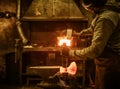 The blacksmith forging the molten metal on the rusty vise in smithy