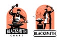 Blacksmith with hammer and anvil logo. Blacksmith shop, workshop, handicraft emblem badge. Vintage vector illustration