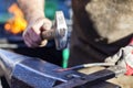 Blacksmith hammering iron rod on anvil in background fire Royalty Free Stock Photo