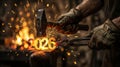 Blacksmith hands forging glowing hot 2026 numbers on an anvil with a hammer Royalty Free Stock Photo