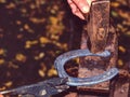 Blacksmith holds horseshoe in pliers and trash it with hammer