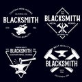 Blacksmith labels set. Design elements for metalworks service emblems, badges, logos. Monochrome seal collection