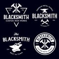 Blacksmith labels set. Design elements for metalworks service emblems, badges, logos. Monochrome seal collection