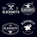 Blacksmith labels set. Design elements for metalworks service emblems, badges, logos. Monochrome seal collection