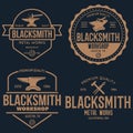 Blacksmith labels set. Design elements for metalworks service emblems, badges, logos. Monochrome seal collection