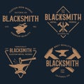 Blacksmith labels set. Design elements for metalworks service emblems, badges, logos. Monochrome seal collection