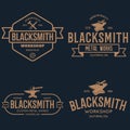 Blacksmith labels set. Design elements for metalworks service emblems, badges, logos. Monochrome seal collection