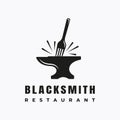 Blacksmith Logo vector silhouette with Fork symbol icon black background. Restaurant Design Royalty Free Stock Photo