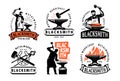 Blacksmith and Metalworks badge set. Labels Blacksmith and workshop, hammer and anvil emblem illustration Royalty Free Stock Photo