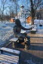 Pskov, Russia, January 2, 2024. Statue of the Pskov blacksmith in the park.