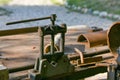 Blacksmith`s clamp. Metal clamping device on an old workbench. Vise desktop