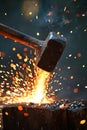 A blacksmith's hammer striking hot metal on an anvi