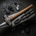 A blacksmith\'s workspace featuring an anvil, hammer, and pliers Royalty Free Stock Photo