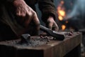 Blacksmith sharpening a piece of metal on anvil. Male blacksmith close up working with metal, Ai Generated, Ai Generated