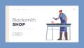 Blacksmith Shop Landing Page Template. Male Character Hitting Iron with Hammer. Man Wear Apron Work with Instruments