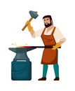 blacksmith. smith in forge, cartoon farrier character in apron, working with hot metal hammer and iron. vector cartoon graphics. Royalty Free Stock Photo