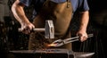 Blacksmith strikes hot iron on anvil, creating sparks in a medieval forge setting during tool making Royalty Free Stock Photo