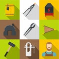 Blacksmith things icons set, flat style