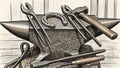 Blacksmith Tools Arranged on Anvil in Rustic Workshop Setting Royalty Free Stock Photo