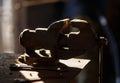 Blacksmith tools. Backlighted old vise in a forge shop