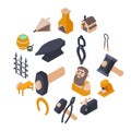 Blacksmith tools icons set, isometric style