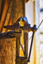 Blacksmith vise in a barn.