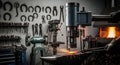 Blacksmith at Work Forging Metal with Industrial Equipment in Workshop Dramatic Lighting Sparks Royalty Free Stock Photo