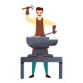 Blacksmith working hard icon, cartoon style