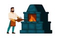 blacksmith. working with hot metal and chimney, cartoon farrier character in apron, smith in forge. vector cartoon graphics. Royalty Free Stock Photo
