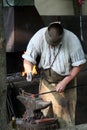 Blacksmith works with tools on the anvil