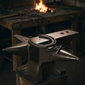 A blacksmith workshop features a robust iron anvil with a horseshoe and nails placed Royalty Free Stock Photo