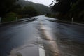 blacktop road, with water running down the surface in sheets