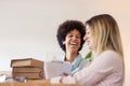 Blackwoman laughing while working at warehouse Royalty Free Stock Photo