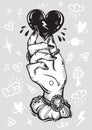 Blackwork tattoo flash. Vintage woman`s hand holding black heart. Doodle signs around. Dark romance. High-detailed vector artwork