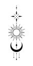Blackwork tattoo sketch with sun, moon, star. Sacred geometry tattoo design, mystic symbol.