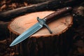 Blade display hunting knife resting on a rustic wooden background