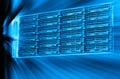 Blade server server equipment rack data center closeup and blur blue toning Royalty Free Stock Photo