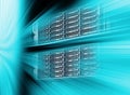 Blade server server equipment rack data center closeup and blur blue toning Royalty Free Stock Photo