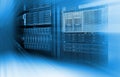 Blade server server equipment rack data center closeup and blur blue toning Royalty Free Stock Photo