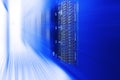 Blade server server equipment rack data center closeup and blur blue toning Royalty Free Stock Photo