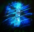 Blade storage supercomputer of data center with splash and binary code Royalty Free Stock Photo