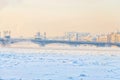 The Blagoveschensky bridge under frosty haze. Royalty Free Stock Photo