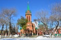 Blagoveshchensk, Russia, October, 21, 2017. Cars are near the Church of the Archangel Gabriel and the other bodiless powers of Hea Royalty Free Stock Photo